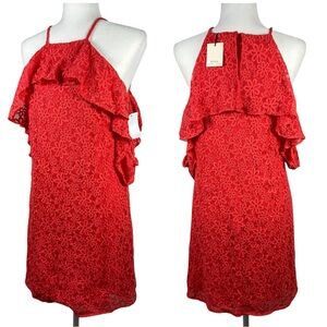 Trina Trina Turk Cocktail Red Coral Lace Cold Shoulder Mini Dress Size Large NWT